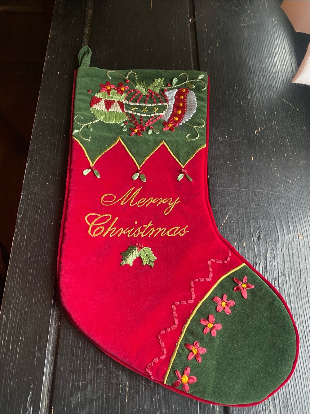 Embroidered Merry Christmas Velvet Stocking - Red & Green